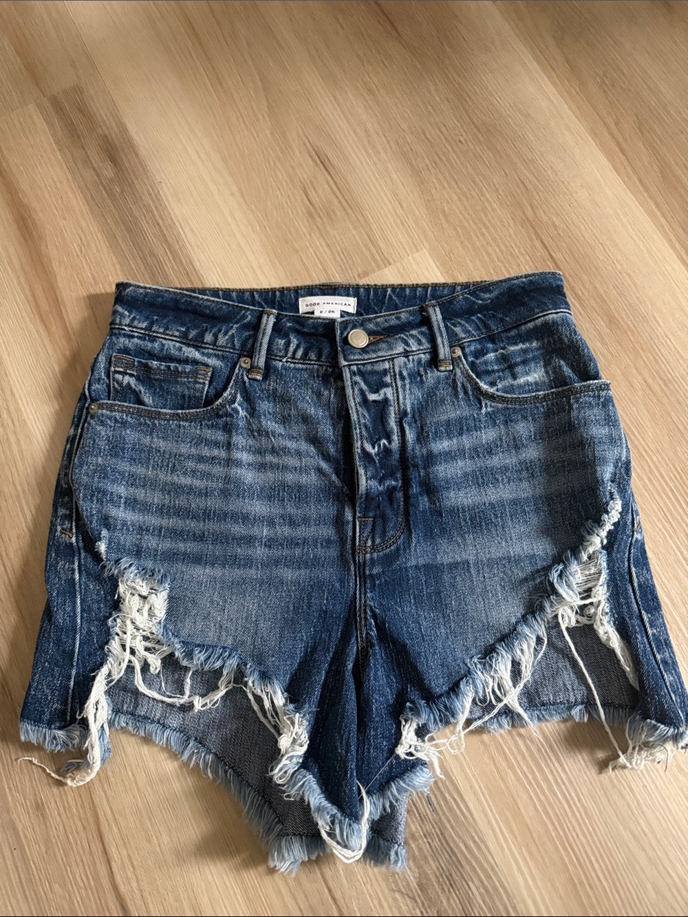 Good American Distressed Blue Denim Jean Shorts